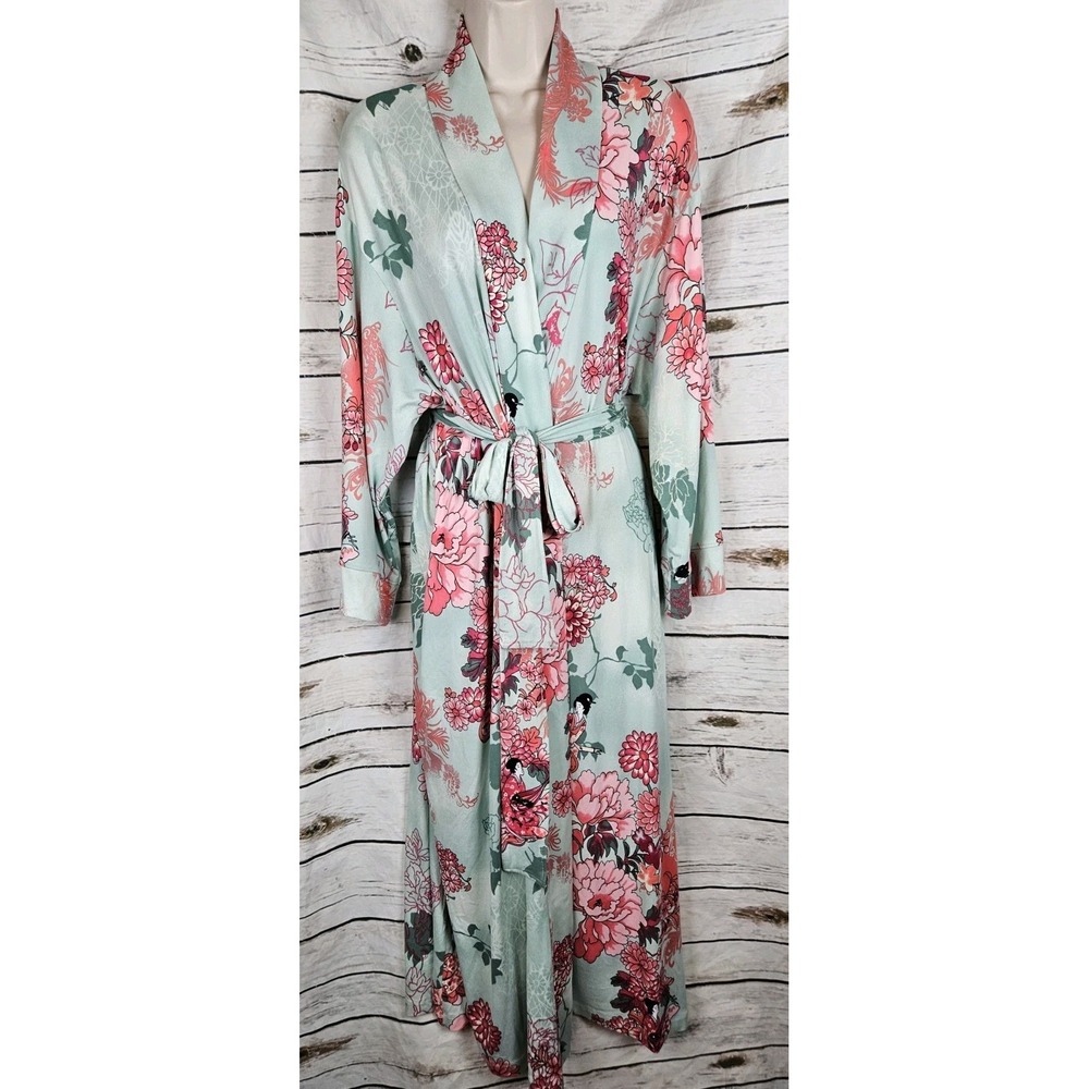 Natori Asian Geisha Floraa Robe L Aqua Green Knit Belted Long Womens